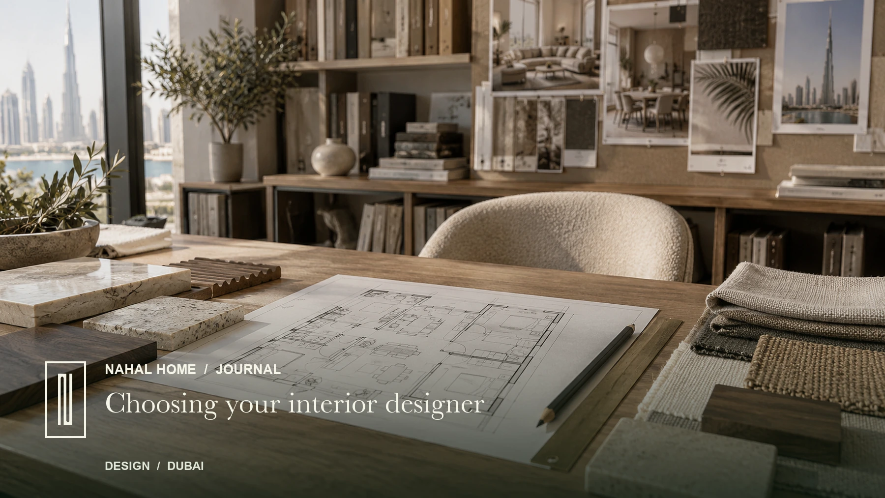 Illustrative interior design studio worktable with a floor plan, limestone, timber and fabric samples