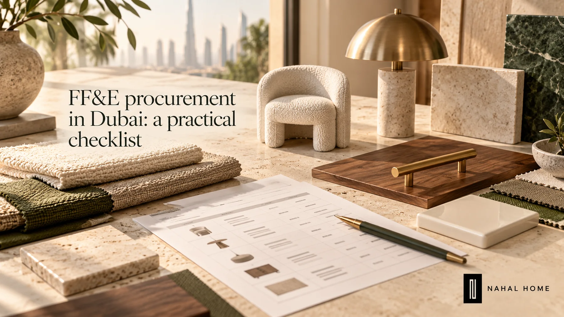 Branded illustrative FF&E procurement artwork with furniture, fabric, lighting and material samples
