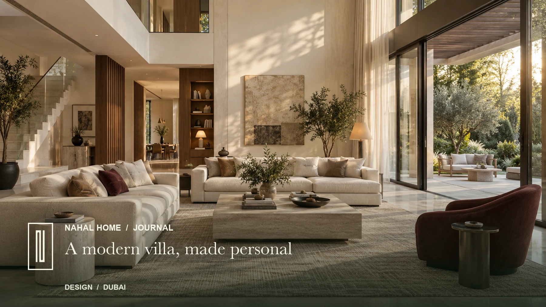 Illustrative modern villa living room with limestone, walnut, tailored seating and a shaded garden view