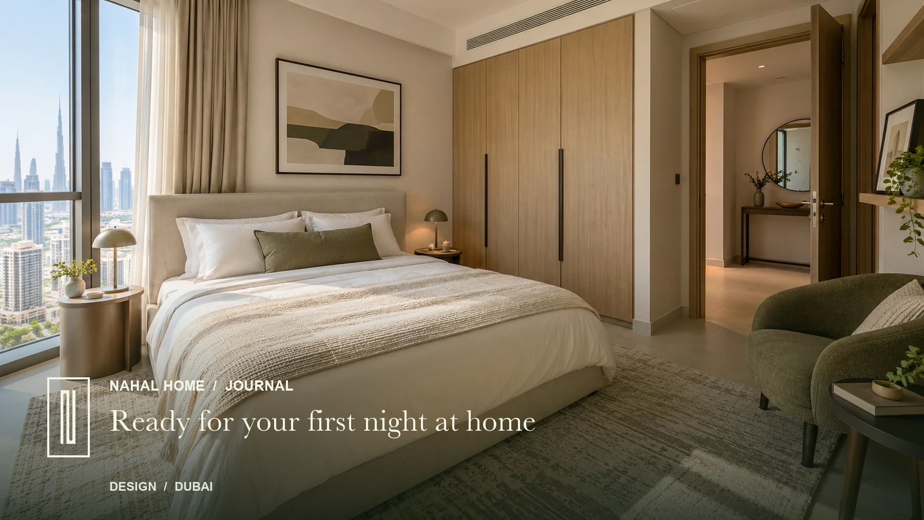 Illustrative furnished apartment bedroom with curtains, bedside lighting, wardrobe and a tidy entrance beyond