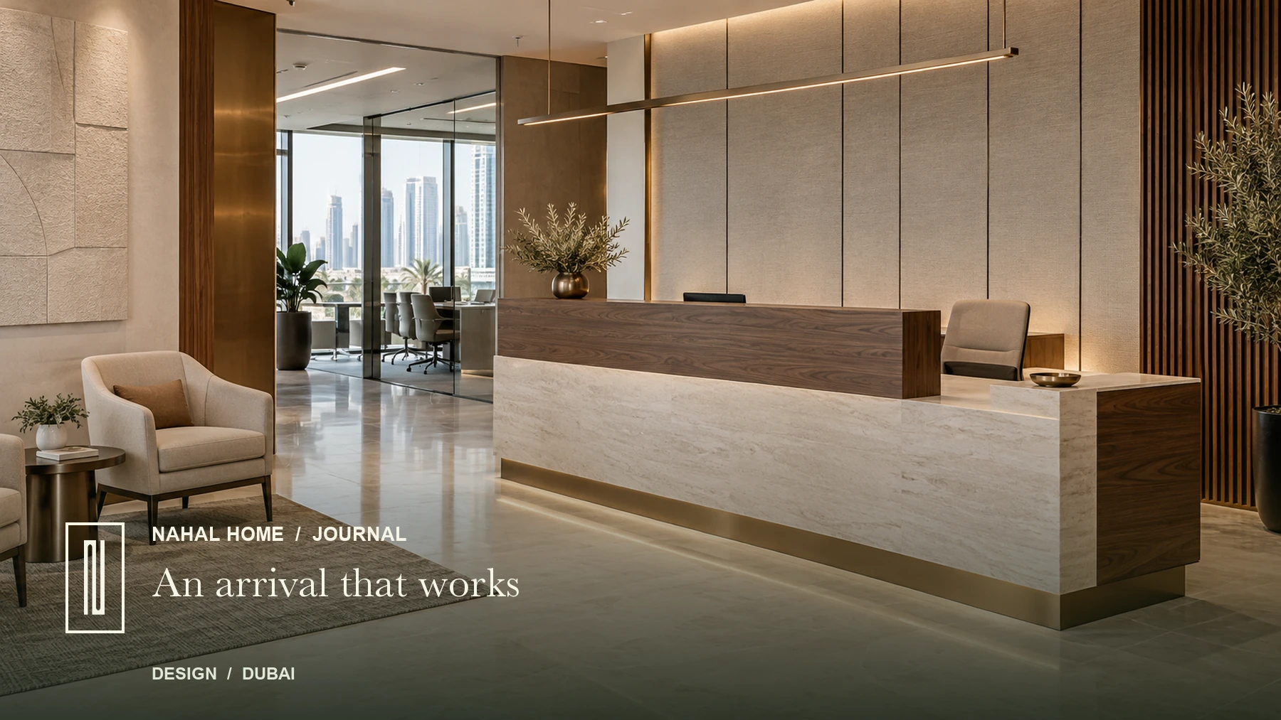 Illustrative corporate reception with a walnut and limestone desk, lower service section, waiting chairs and a clear route
