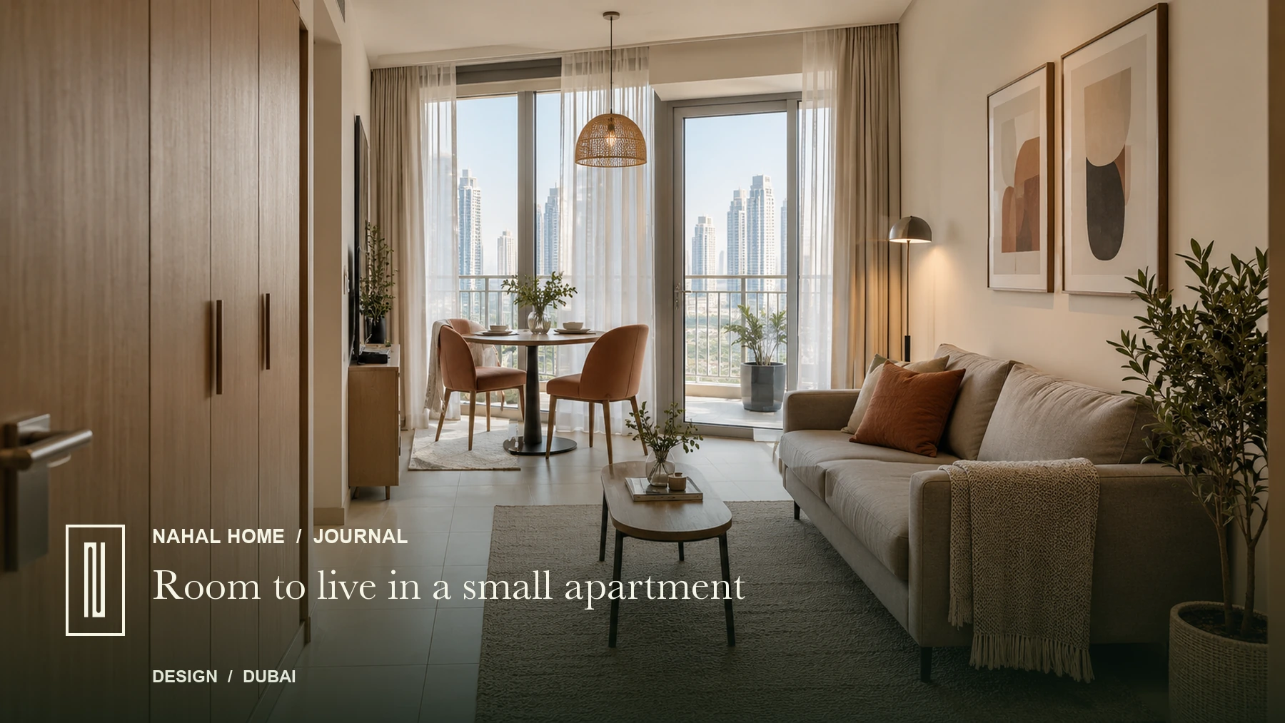 Illustrative compact apartment with a scaled sofa, round dining table, closed oak storage and a clear balcony route
