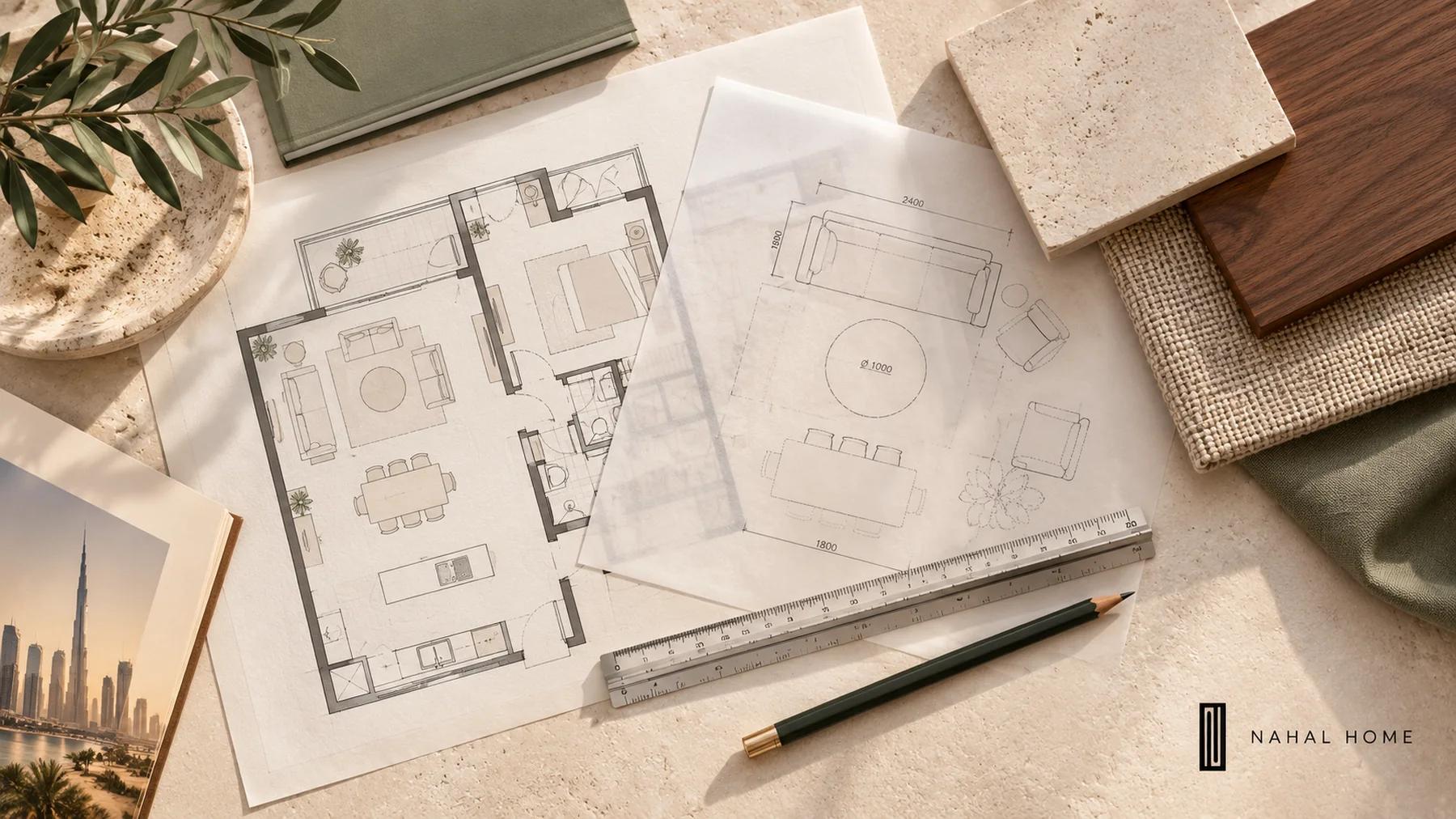 Branded illustrative space-planning desk with floor plans, furniture outlines and material samples